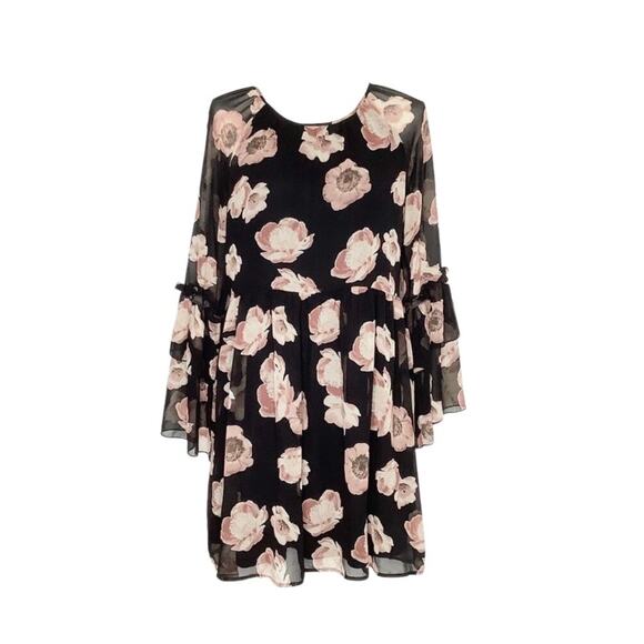 Le Lis Black Pink Floral Bell Sleeve Mini Dress Medium - Picture 1 of 6